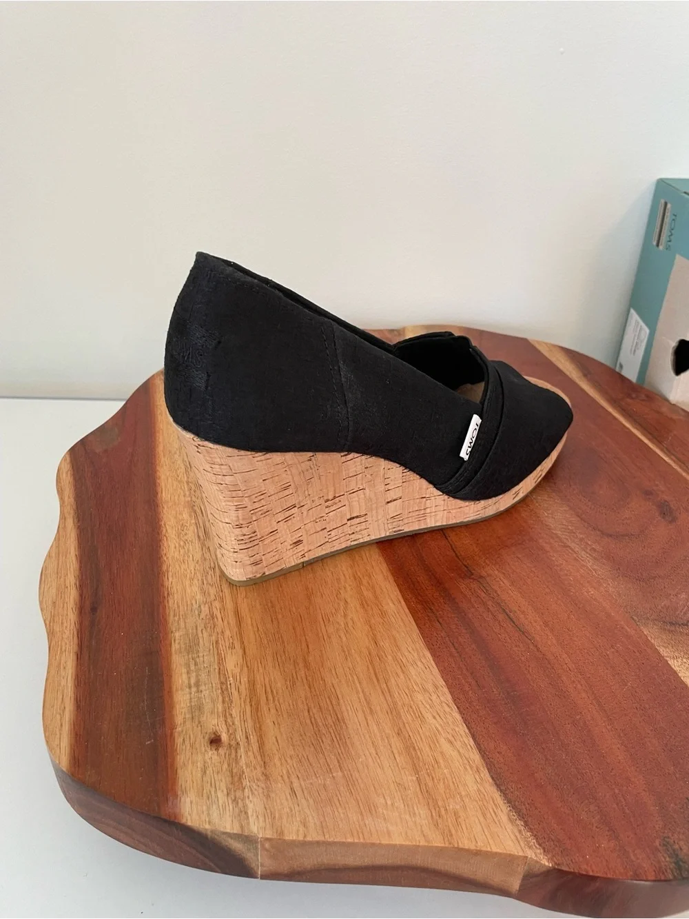 TOMS Black Canvas Cork Wedge Peep-Toe